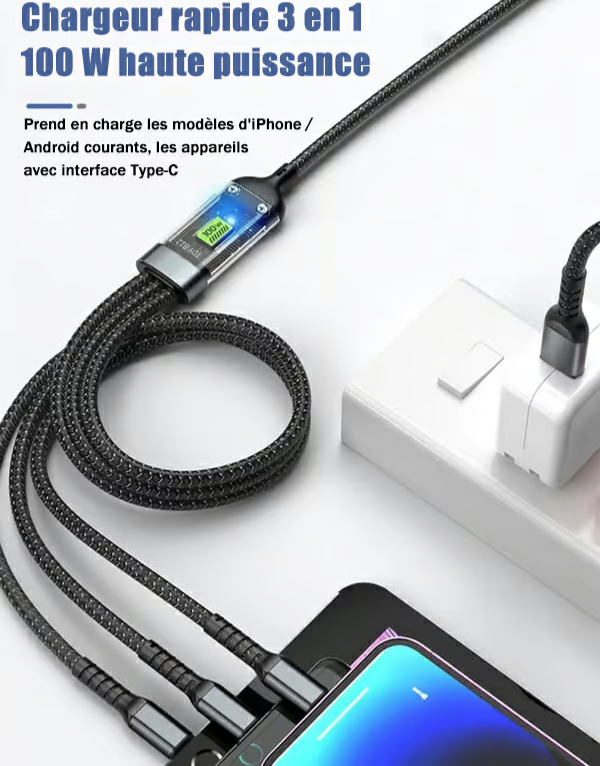 Câble de Charge et de transfert de donnés Intelligent 3 en 1 – Ultra-Rapide & Sécurisé.