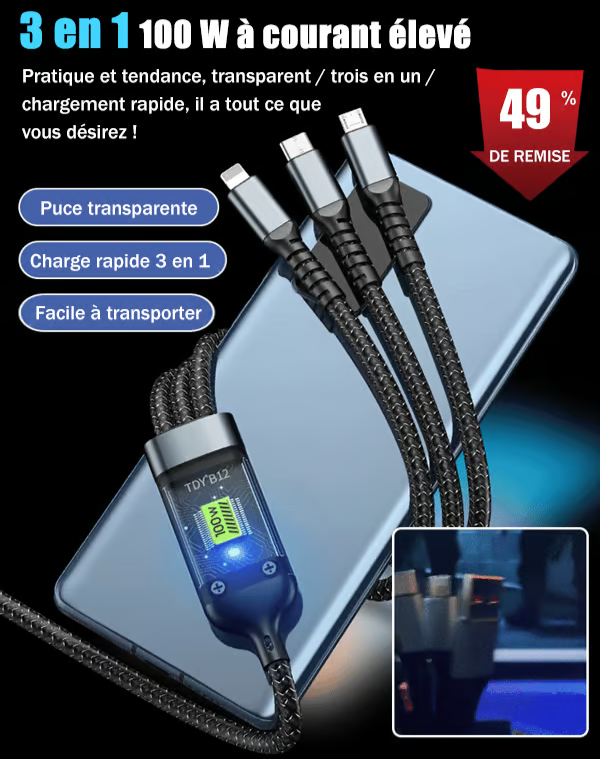 Câble de Charge et de transfert de donnés Intelligent 3 en 1 – Ultra-Rapide & Sécurisé.